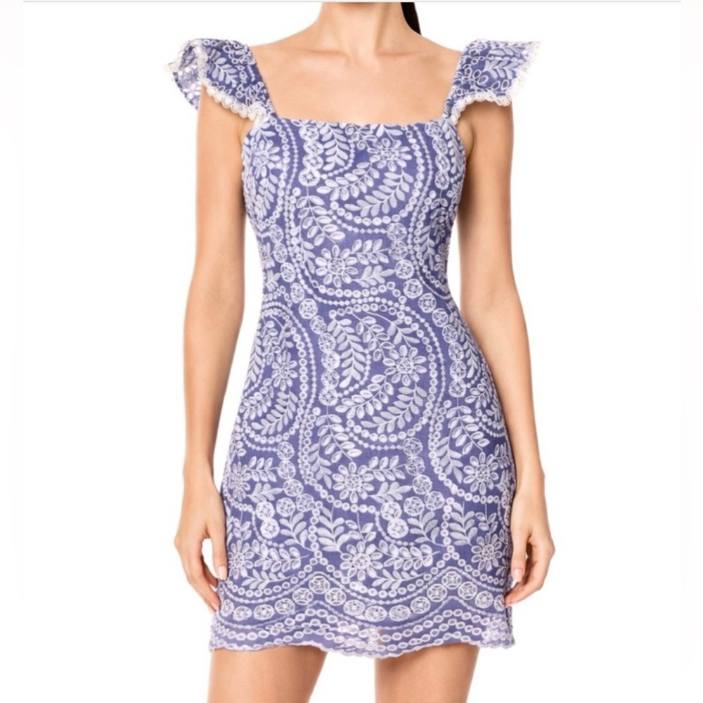 Alice + Olivia Honor Embroidered Flutter Sleeve Chambray Mini Dress Blue 10 -EUC
